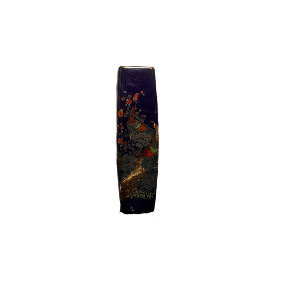 Vintage Elegant Japanese Cobalt Blue Ceramic Vase Peacock Floral 11" x 3.5"